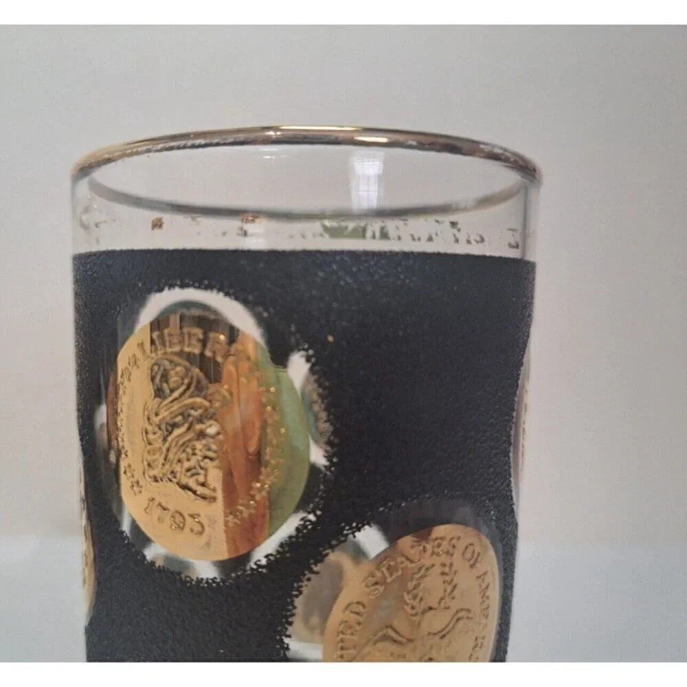 Vintage Libbey Gold Coin Black Textured MCM Set Of 2 Highball Glasses FLAW